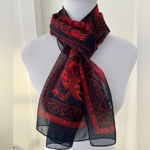 VINTAGE Jocelyne Wauge Indigenous Artist Signed Oblong Sheer Scarf Business Chic